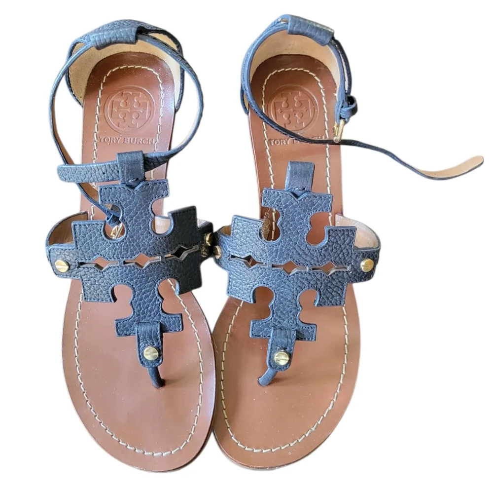 TORY BURCH Chandler Navy Brown Wedge Sandals 7 - Picture 3 of 6